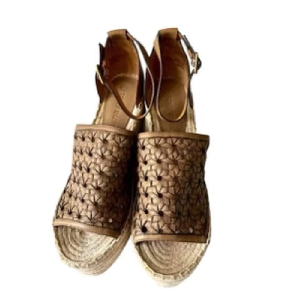 Tory Burch Basketweave Espadrille Leather Wedges in Almond Flour Brown Size 11